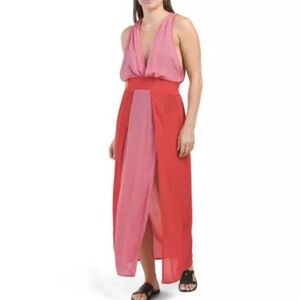 NWT Vix Solid Brigite Long Cover Up Dress Pink Red Medium M Tie Color Block $298
